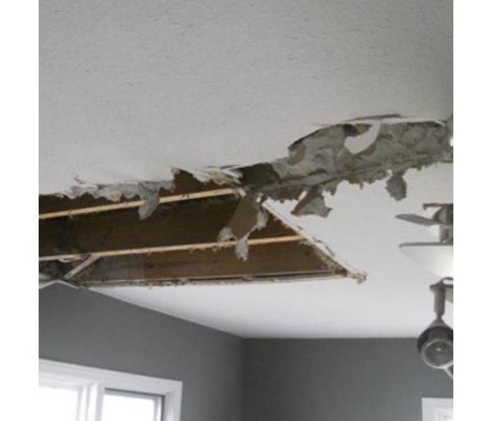 a picture of a hole in the ceiling from a tree branch